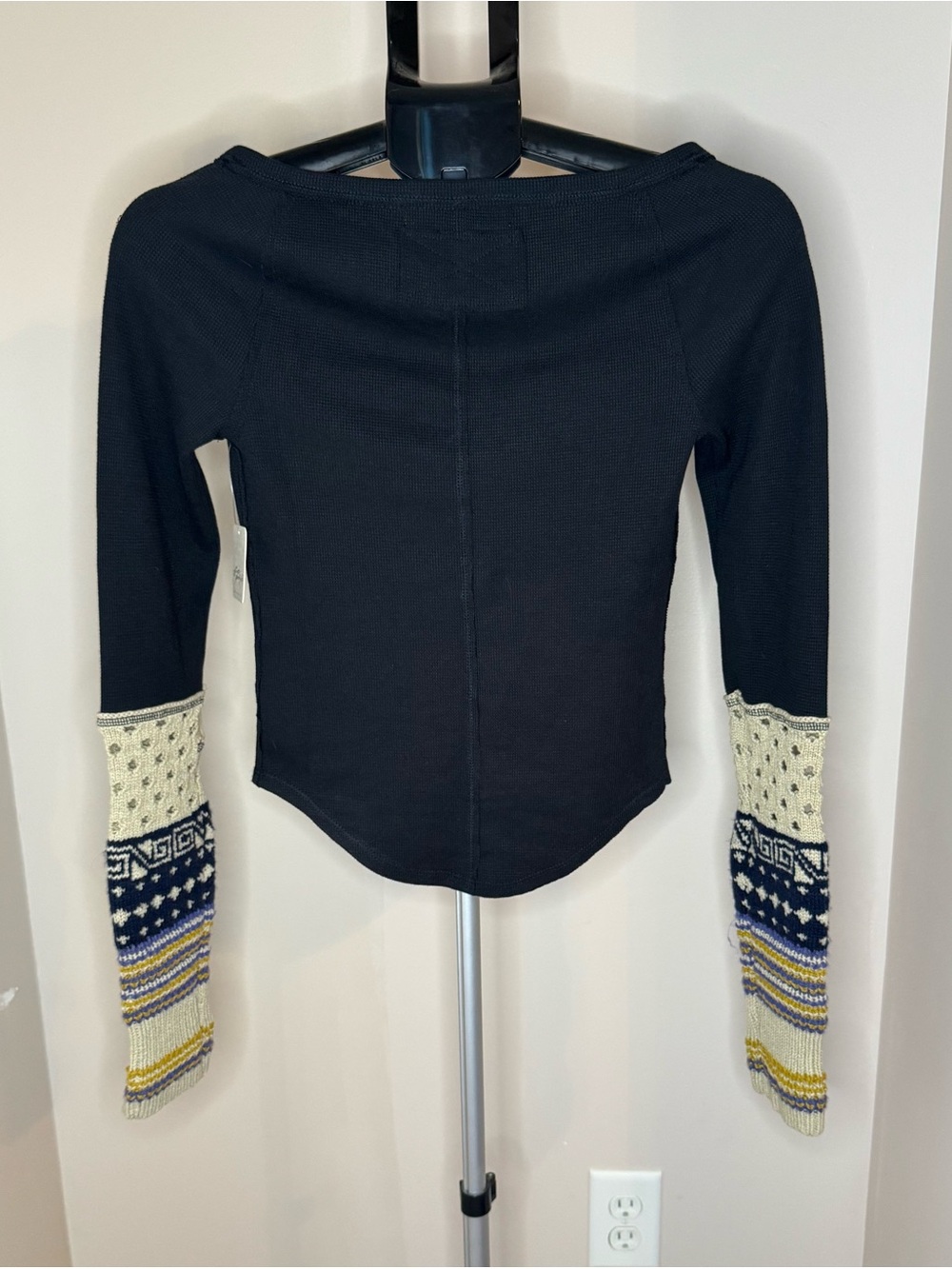 Free People Cozy Craft Cuff Thermal Top SizeXS Black Boatneck Waffle Knit Grunge - Picture 4 of 14